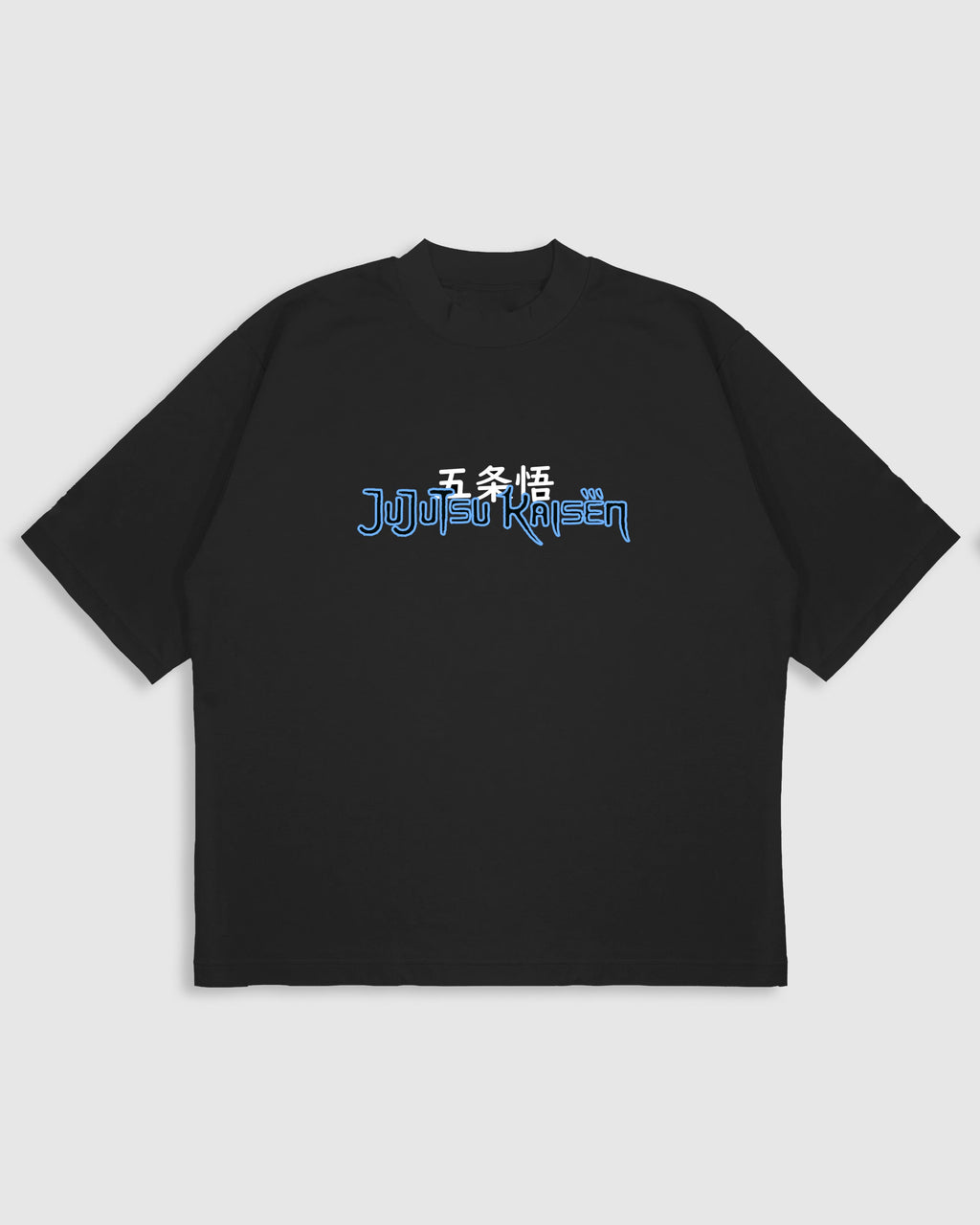 Black t-shirt with graphic design on the back and text on the front, displayed on a white background.