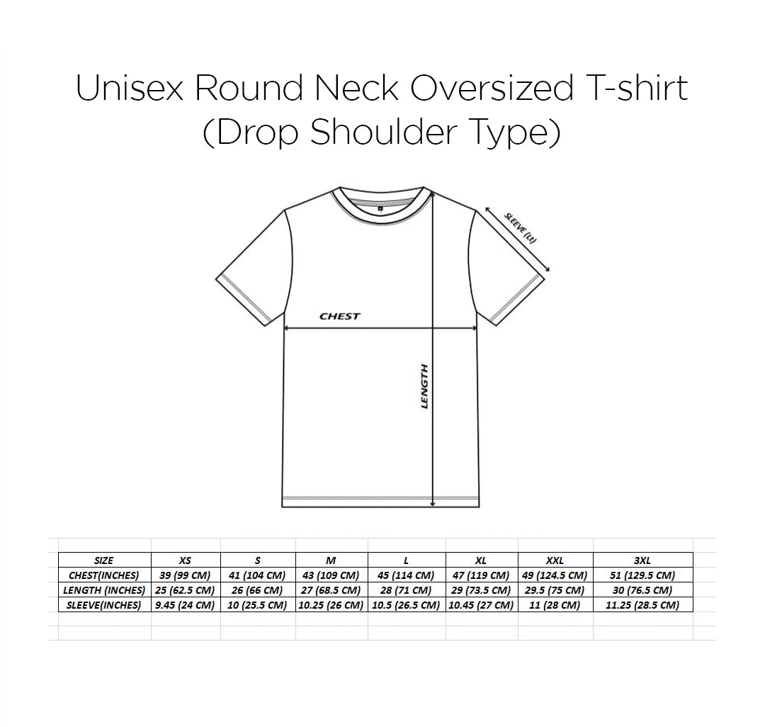 Line drawing of the unisex Tovino Policekaraa oversized round neck heavy weight t-shirt (220 GSM), showing labeled chest, length, and sleeve measurements. Size chart in inches and centimeters for S to 3XL is below.