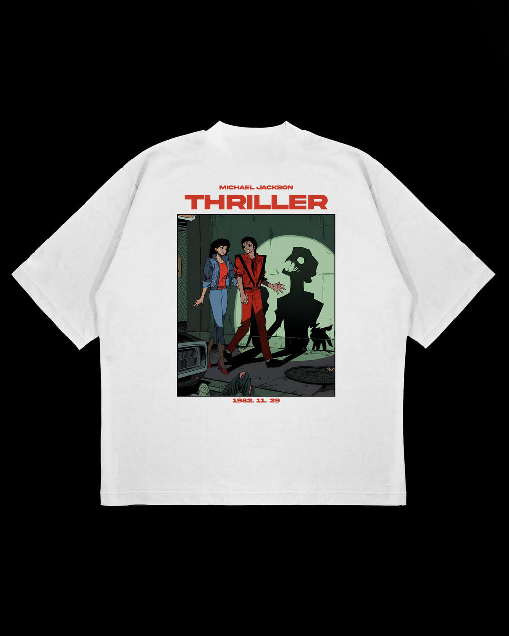 White t-shirt with 'Thriller' graphic design on a black background